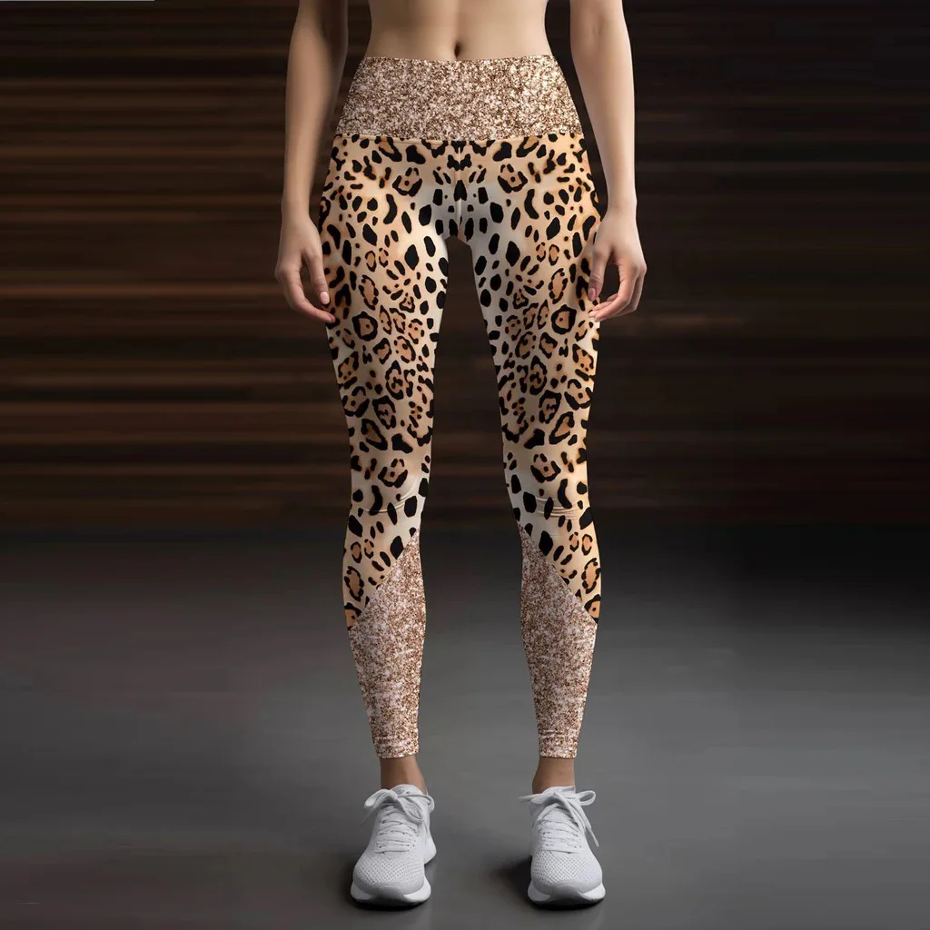 Leopard-print patchwork print tight stretch waist casual leggings for women