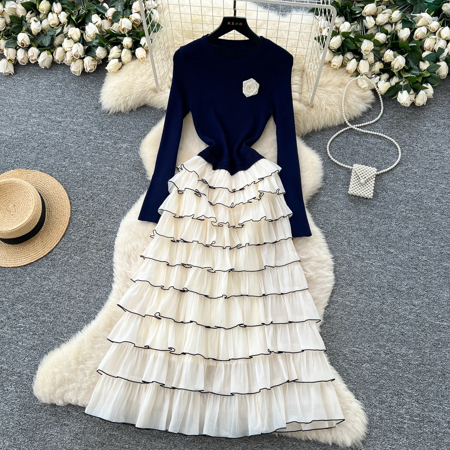 Abiti lunghi floreali a strati eleganti in maglia chic Abiti da sera francesi High Street autunno inverno abbigliamento donna