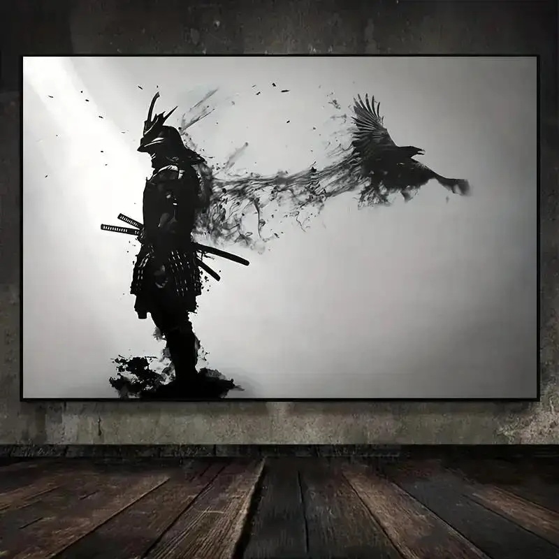 Black and White Japanese Samurai Man with Crow Wall Art Canvas Painting  Modern Home Decor Poster for Living Room Office or B