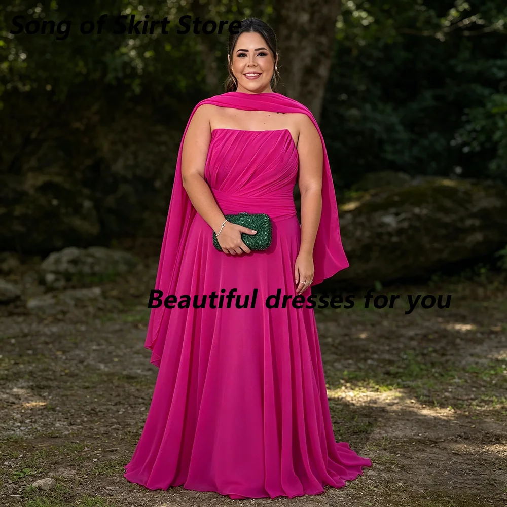

Rose Red Plus Size Prom Dress Customized Strapless Pleat Chiffon A Line Evening Gown Floor Length Wedding Guest Dresses