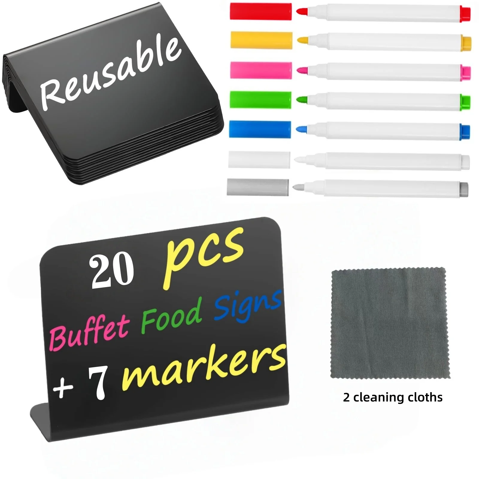 29- عبوة (20 قطعة من سبورة السبورة الصغيرة + 7 علامات + 2 قطعة قماش للتنظيف) مجموعة لافتات سبورة صغيرة، ملصقات سبورة لسطح الطاولة قابلة لإعادة الاستخدام