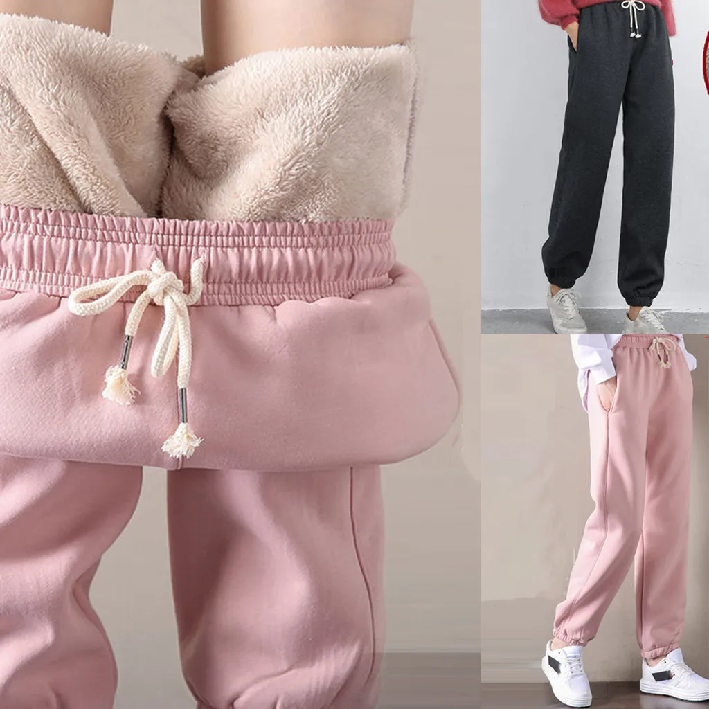 

Winter Thicken Straight Pants Women Casual Fleece Sweatpants Warm Thick Ankle-Length Trousers Loose Drawstring Harlan Pants