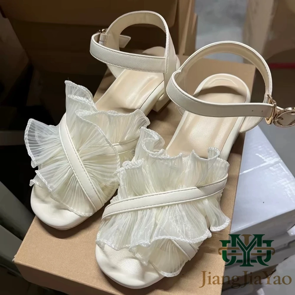 

Japanese Style Women's Retro French Cross Buckle Sandals Niche Ladies Lace Ruffle Edges High Heels Adult Girls Daily Single Shoe