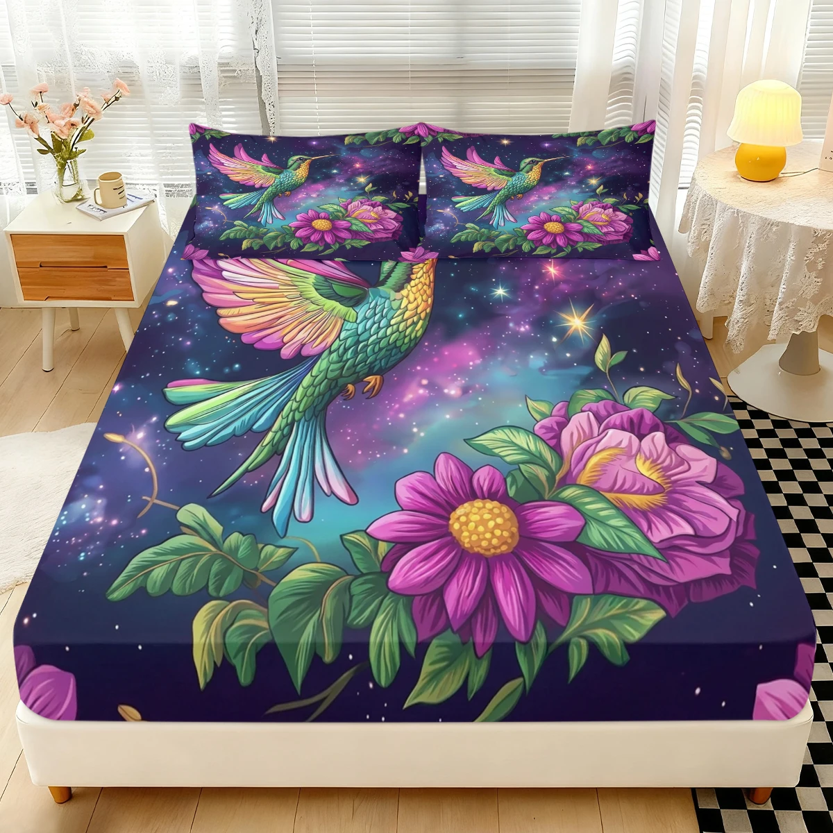 

Starry Sky Hummingbird Fitted Sheet 3PCS, Galaxy Floral Print Elastic Bed Sheet with Pillowcases, Aesthetic Bedding Set