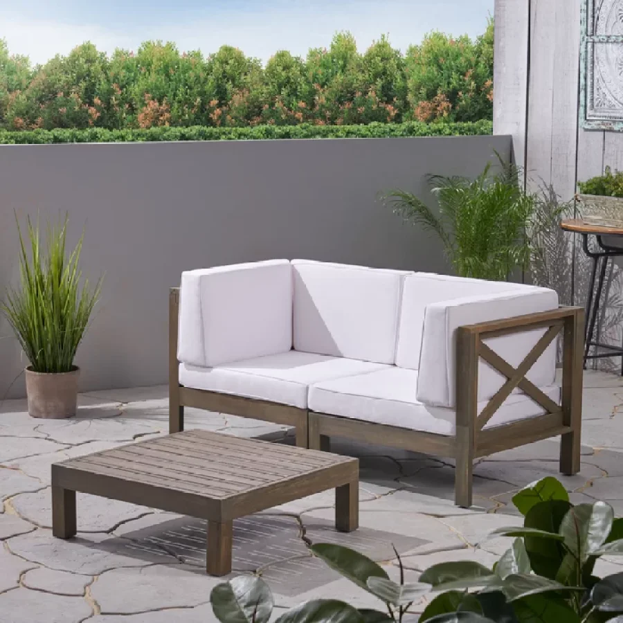 

BRAVA X-BACK 2-seater sectional loveseat with coffee table for living room, white faux leather, modern design and space-saving