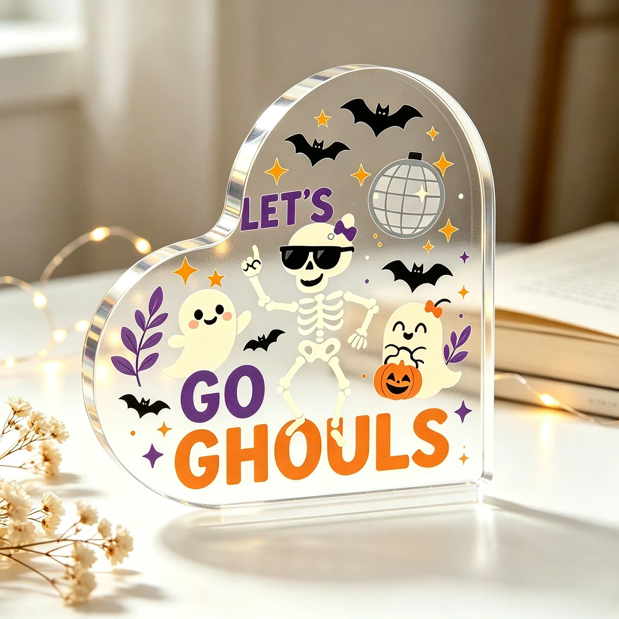 Retro Party Skeleton Ghost Heart‑Shaped Acrylic Ornament, Groovy Halloween Tabletop Decor