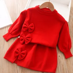 Girls Knitted Long sleeved Set Skirt Autumn/Winter New Warm Baby Bow Sweater Half length Skirt Korean casual two-piece set