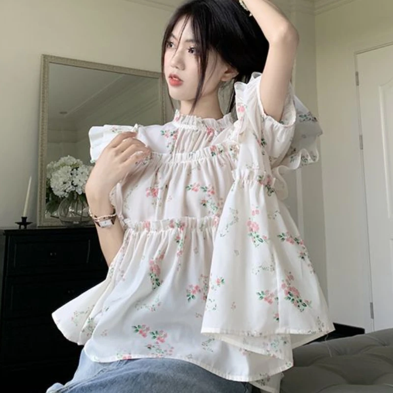 Princess Floral Blouses Women Graceful Ruffles Age-reducing Kawaii Summer Mori Girl Style Fashion New Korean Version Loose Tops