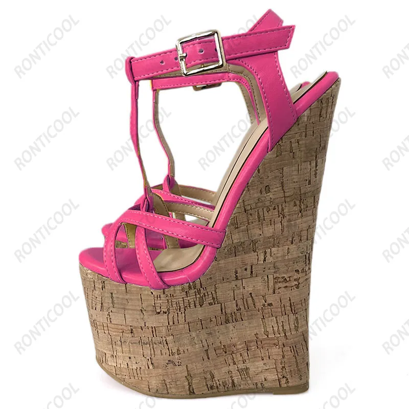 Ronticool Handmade Women T-strap Sandals Ultra High Wedges Heels Round Toe Classics Black Dress Shoes Ladies US Plus Size 5-15