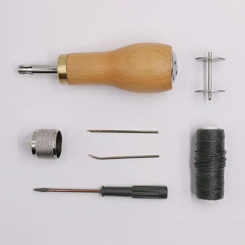 Wooden Handle Leather Cone Thread Kit Sewing Tool Set Sewing Thread Shoe Repair Variable Thread Handmade DIY Sewing Tool