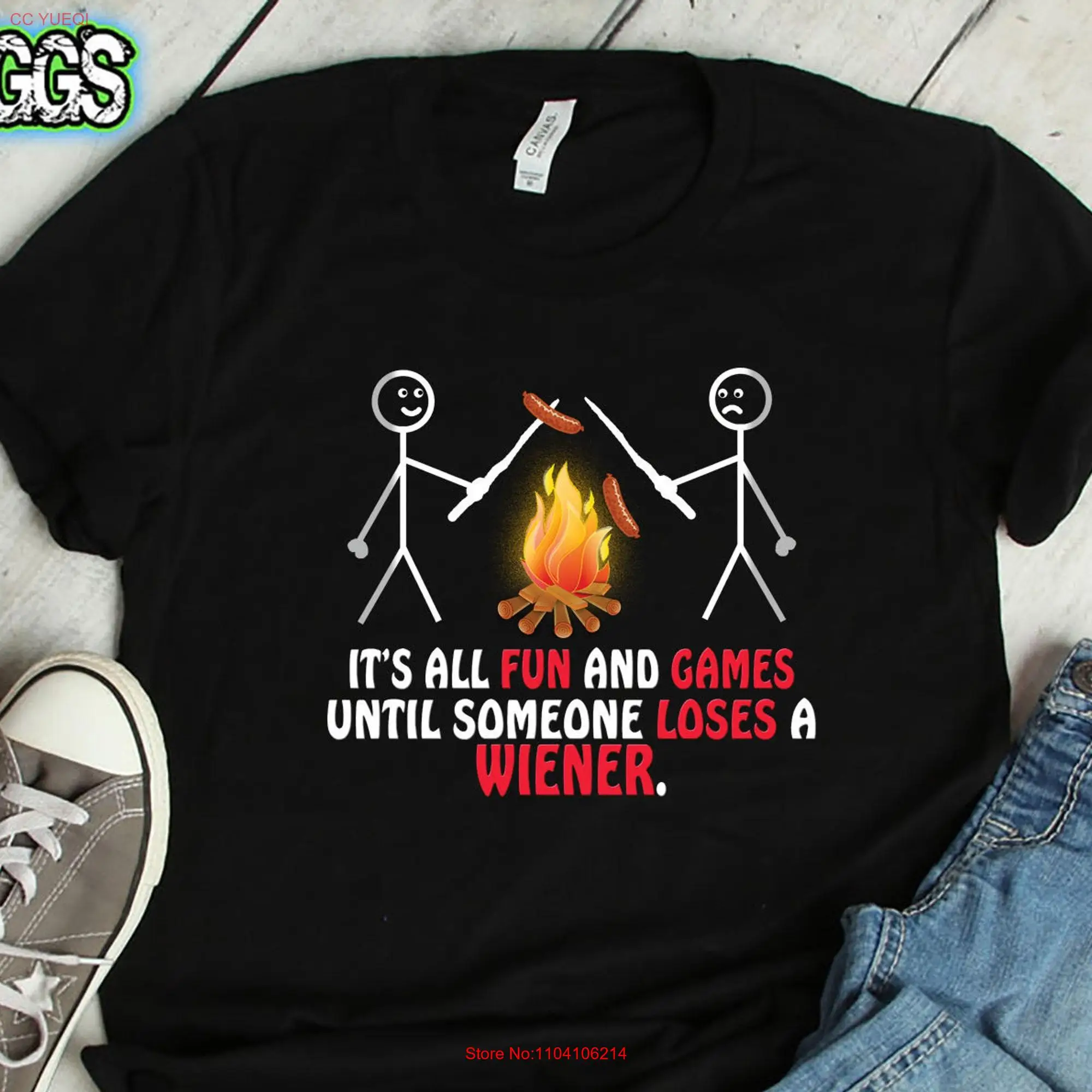 All Fun and Games Camping T Shirt Camp Fire Pit Fathers Day Glamping Party Summer Hot Dog long or short sleeves