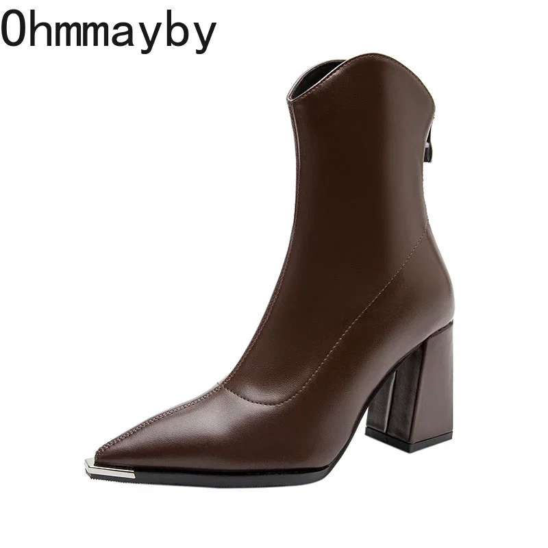 Pointed Toe Women\'s Ankle Boots Fashion Back Zippers Short Botas Ladies Elegant Square High Heel Winter Women\'s Footwear