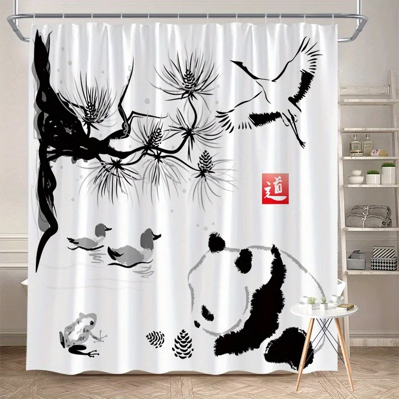Artistic Panda Crane Bamboo Zen Chinese Style Watercolor Shower Curtain for Bathroom Decor 180x180cm Waterproof Gift