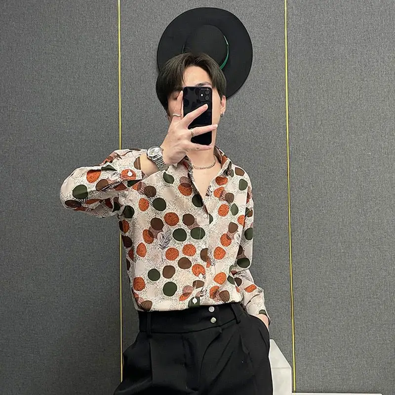 

Men Polka Dot Print Long Sleeve Shirt Spring Summer Thin Casual Fashion Streetwear Top