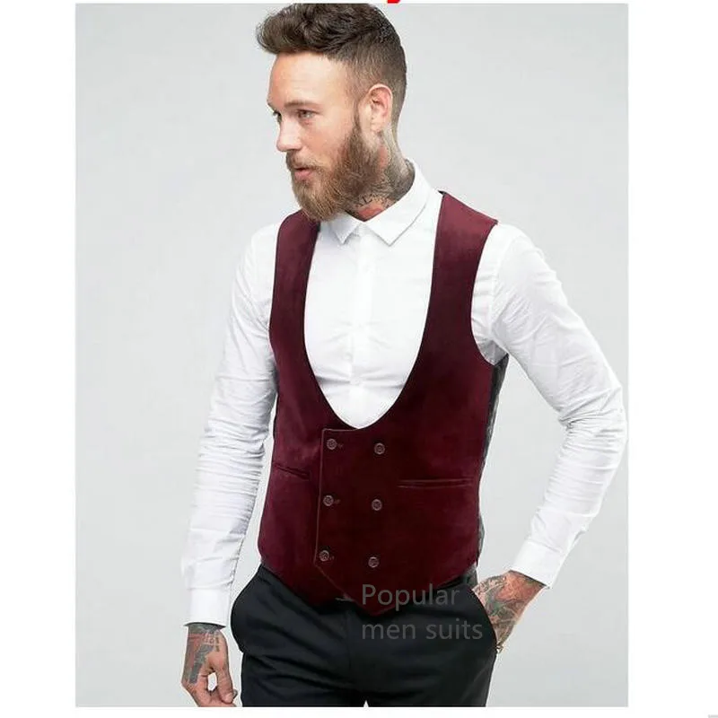 XS-6XL Dress Vests For Men Slim Fits Mens Suit Vest Male Burgundy Velvet Waistcoat Homme Casual Sleeveless Formal Business Vest