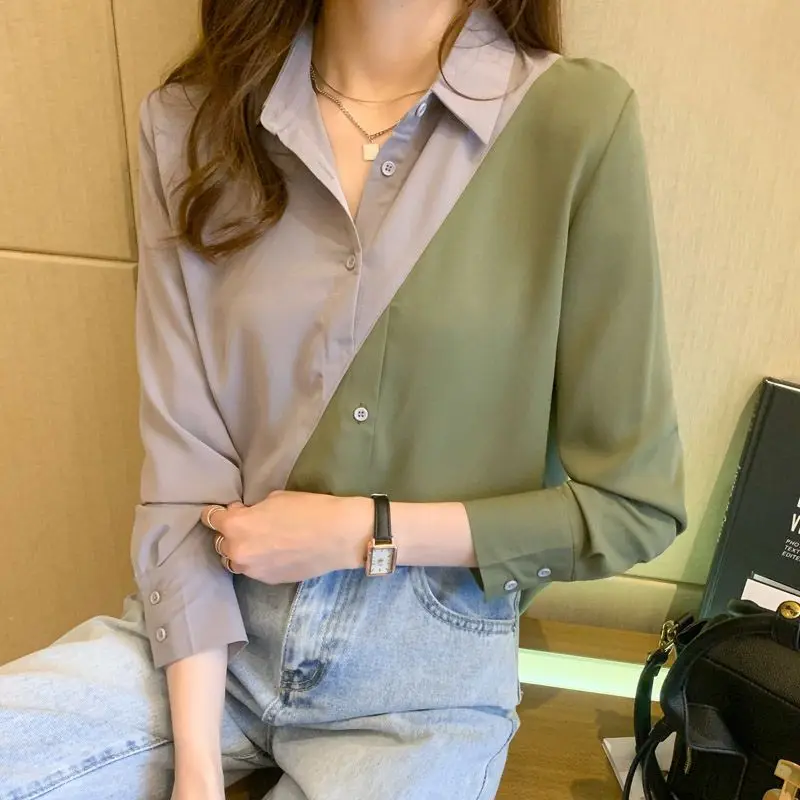 Color Blocking Patchwork Chiffon Shirt for Women\'s Spring Autumn Season Korean Fashion Versatile Loose Slim Long Sleeve Shirt