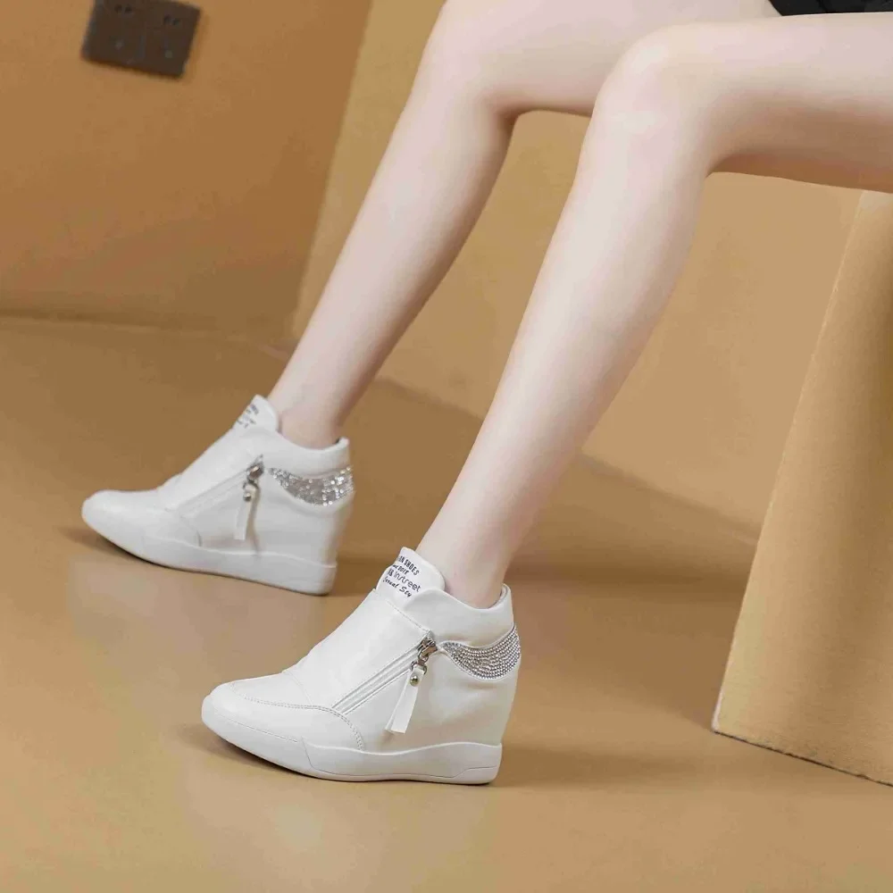 Women White Platform Bling Dimond Wedge Shoes High Top Women Sneakers Spring Autumn Hidden Heel  Side Zip Casual Shoes