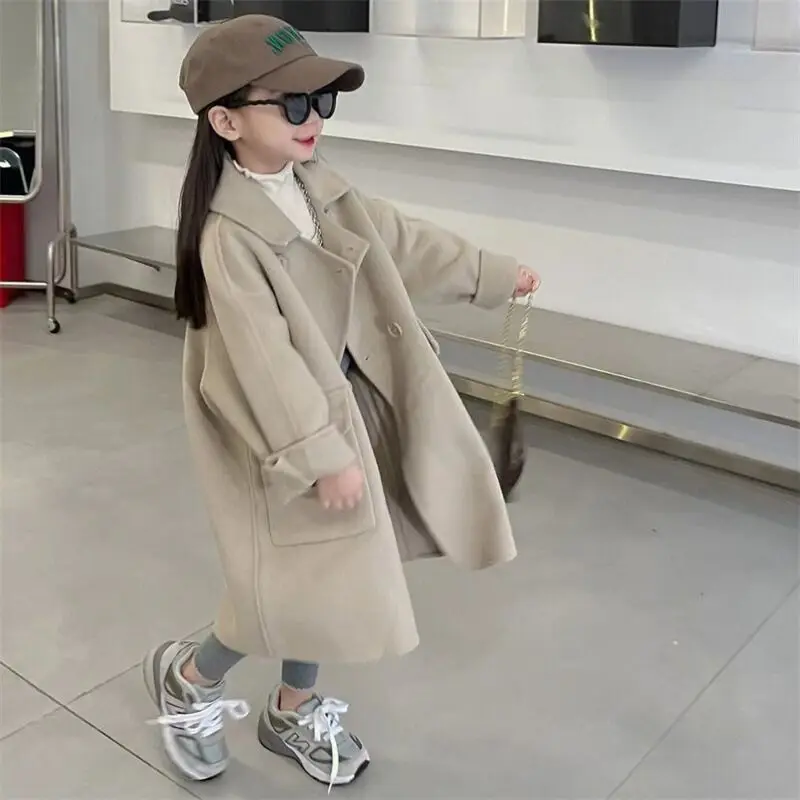 Coat Korean Girls Woolen Cloth Casual Windbreaker Autumn Winter Season New Baby Loose Khaki Simple Button Turn Down Collar