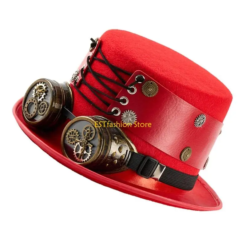 Y5GC Steampunk Costume Hat With Removeable Goggles Adjustable PU Strap Unisex Victorian Headwear Magicians Top Hat for Party