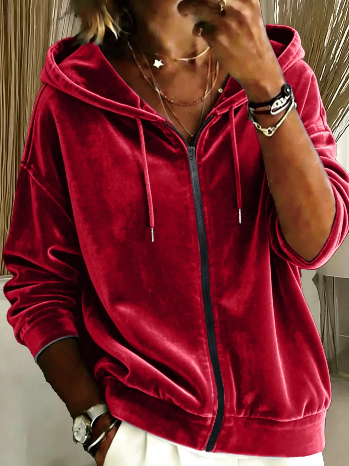 2026 Herbst Winter Neue Damen Freizeitjacke aus Samt mit Kordelzug, Kapuze und Reißverschluss, Langarm-Hoodie – Detail 6