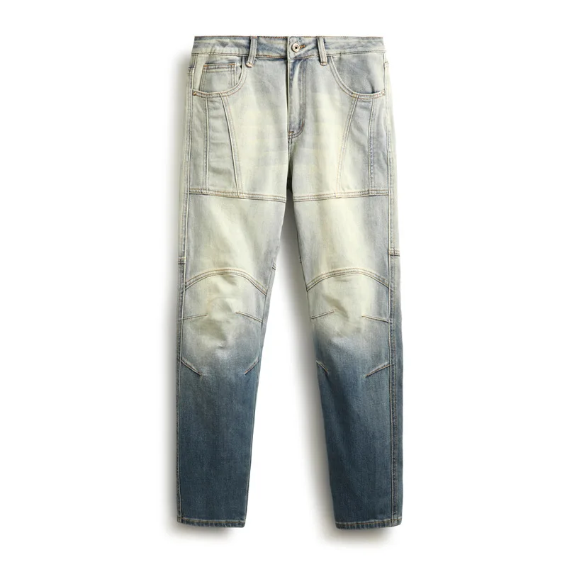 خمر الجينز العصرية للدراجات النارية الرجال، العصرية المرقعة كتلة اللون الراقية السراويل نحيل الموضة