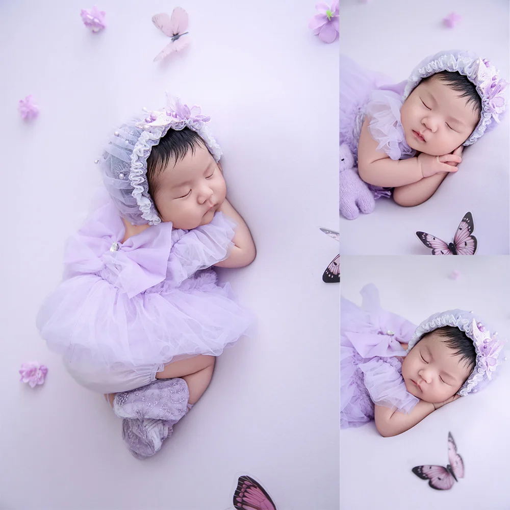 Newborn Photography Props Baby Girl Purple Tulle Dress+pearl Lace Bonnet+socks Set Butterfly Props for Studio Photo Accessories