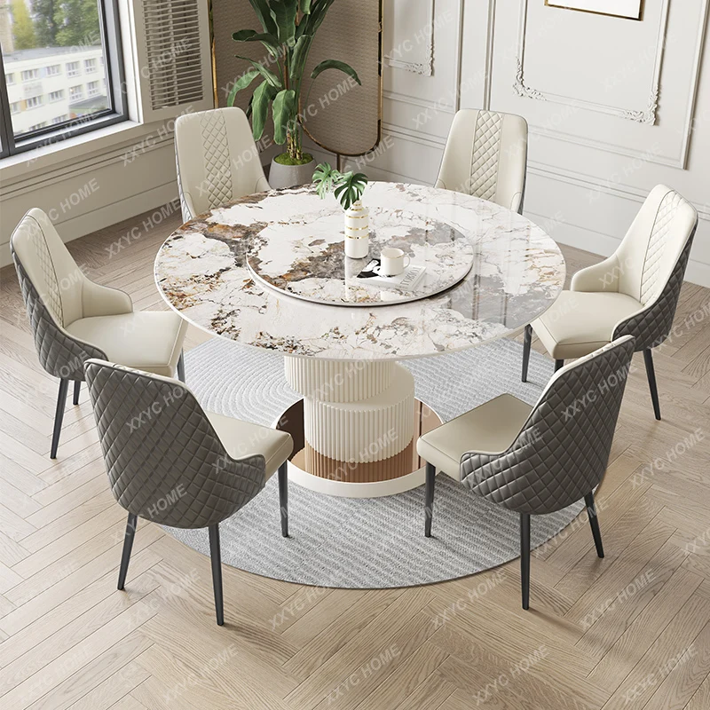 Bright Stone Plate Dining Tables and Chairs Set Modern Simple Cream Wind Belt Turntable round Dining Table