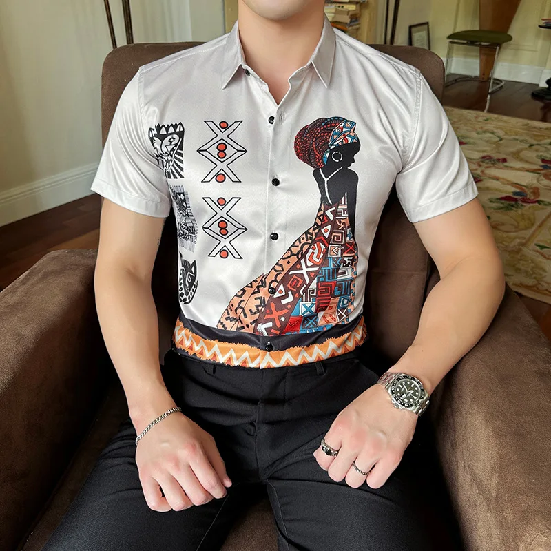 Fashion Ethnic Style Printed Shirts for Men Summer Casual Short Sleeve Male Floral Shirt Retro Slim Fit Streetwear Plus Size 6XL