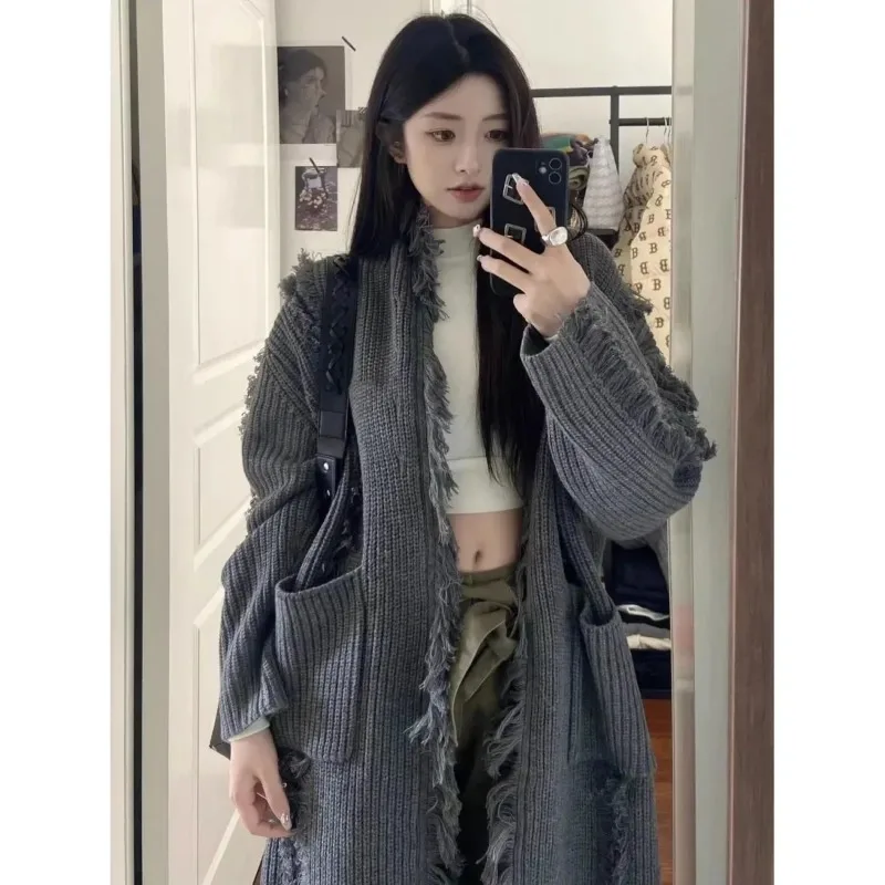 Women Cardigans Tassel Extra Long Sweater Coat Design Sense Loose Lazy Knitted Over Knee Cardigan Lady Temperament Chic Clothes