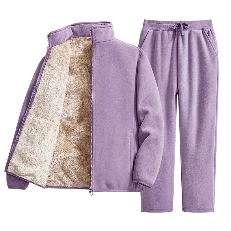 Winter men's and women's wool hooded long pants set, warm and cold resistant thick sportswear two-piece set, casual sportswear