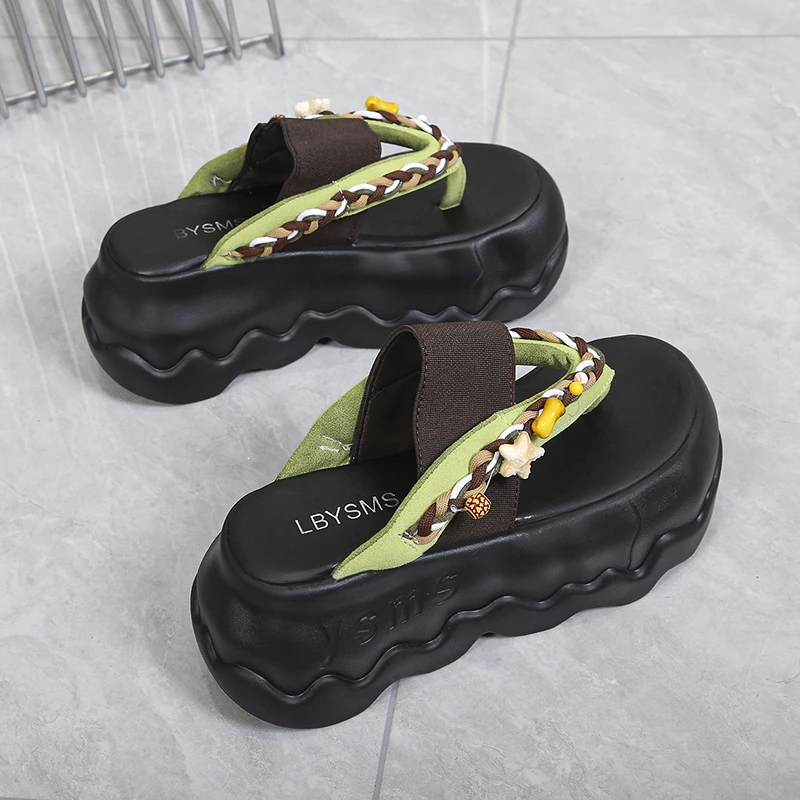 New Casual Sandals Slippers Women Shiny Diamonds High-heeled Thick Soled Beach Shoes Outdoor Bohemian Style Summer Flip Flops
