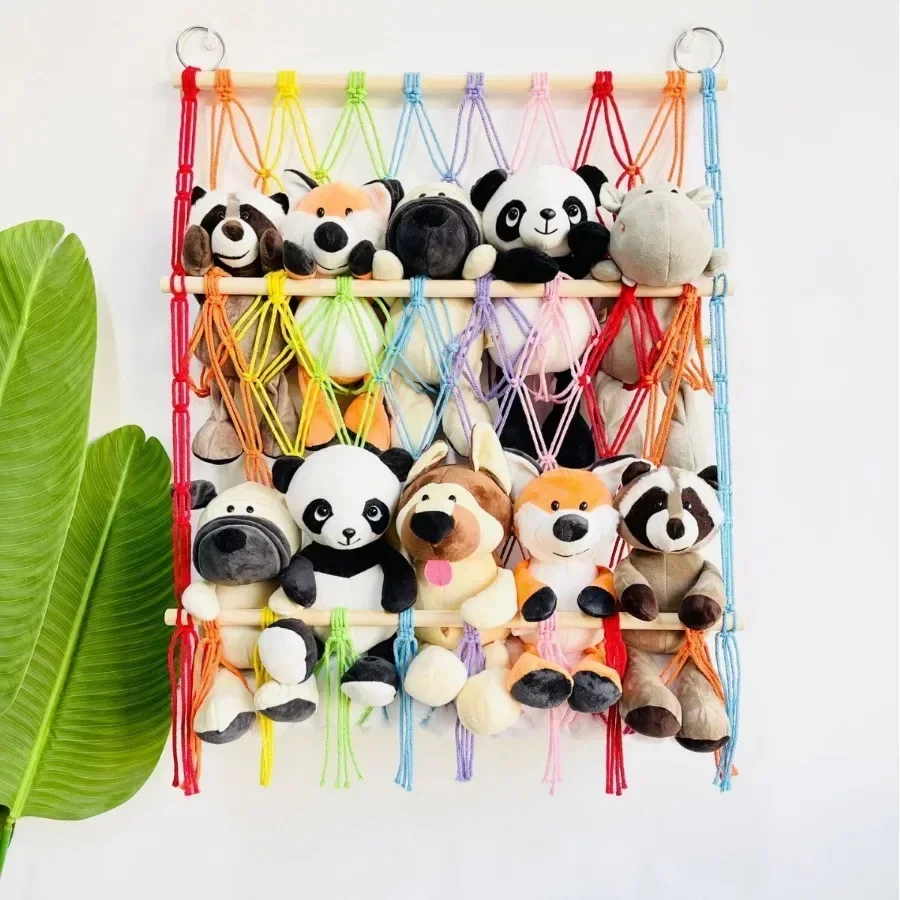 

1-4Tier Macrame Stuffed Animal Storage Hammock Wooden Holder Boho Stuffed Storage Organizer Net Racks for Nursery Wall Decor