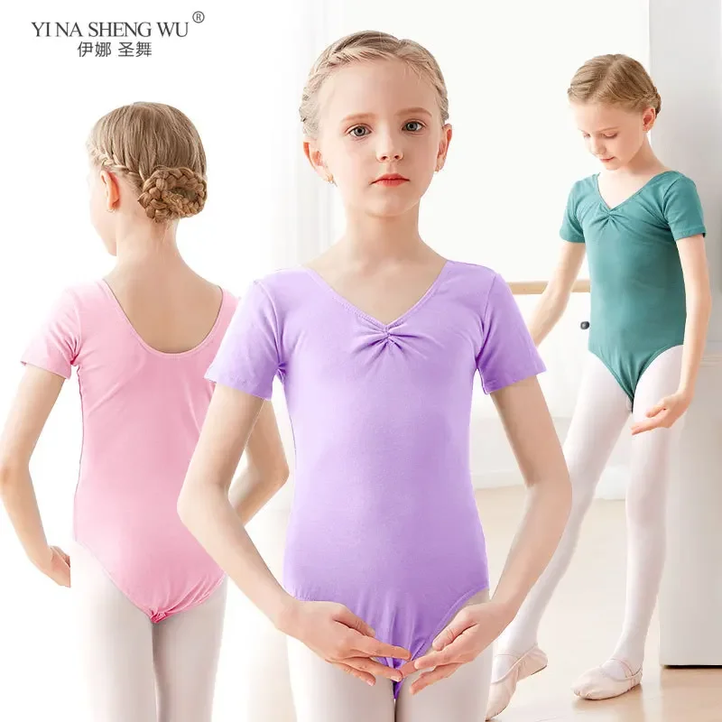 

Детский балетный гимнастический купальник для девочек, танцевальный комбинезон, танцевальная одежда, костюмы для танцев, хлопковый танцевальный купальник для малышей с короткими рукавами