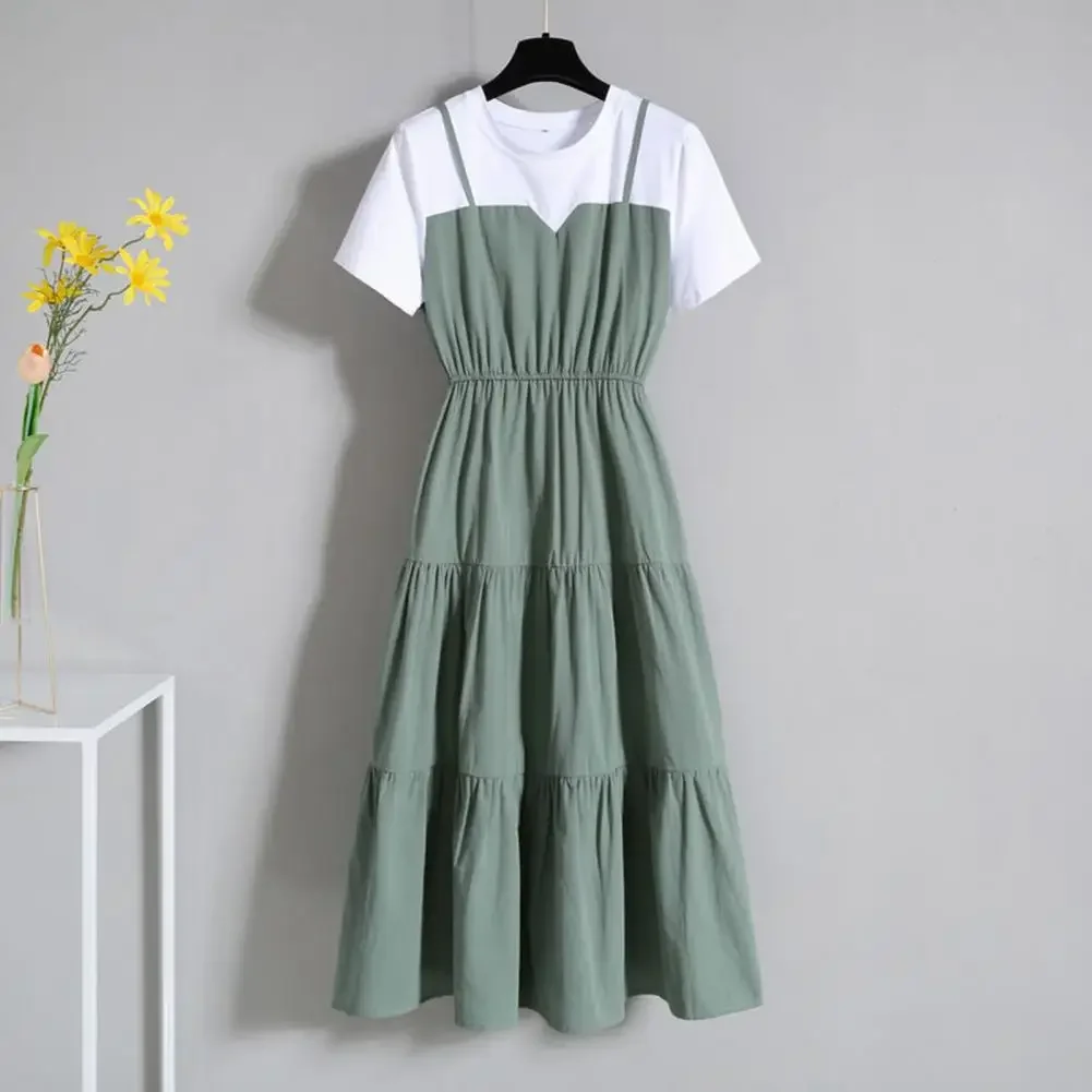 Women Fake Two Piece Waisted Pleated Color Block Dress Summer Strap Block Short Sleeved Dress