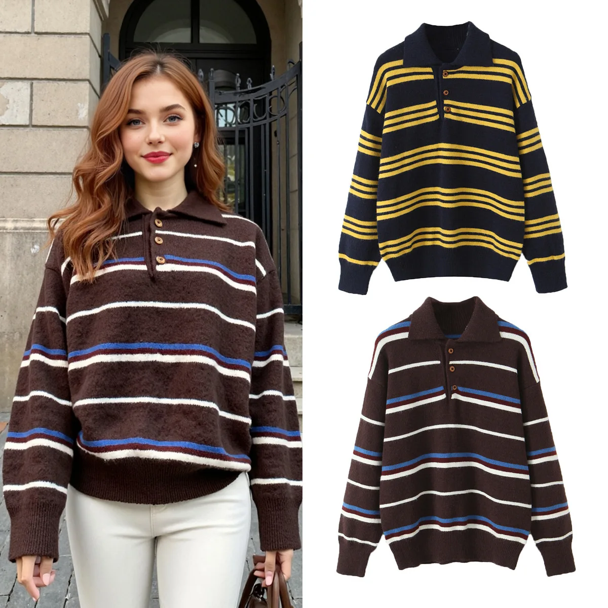 

Женский вязаный пуловер с воротником рубашки, цветной полосатый топ, осенняя мода, импортная экспортная торговля, одежда D79805