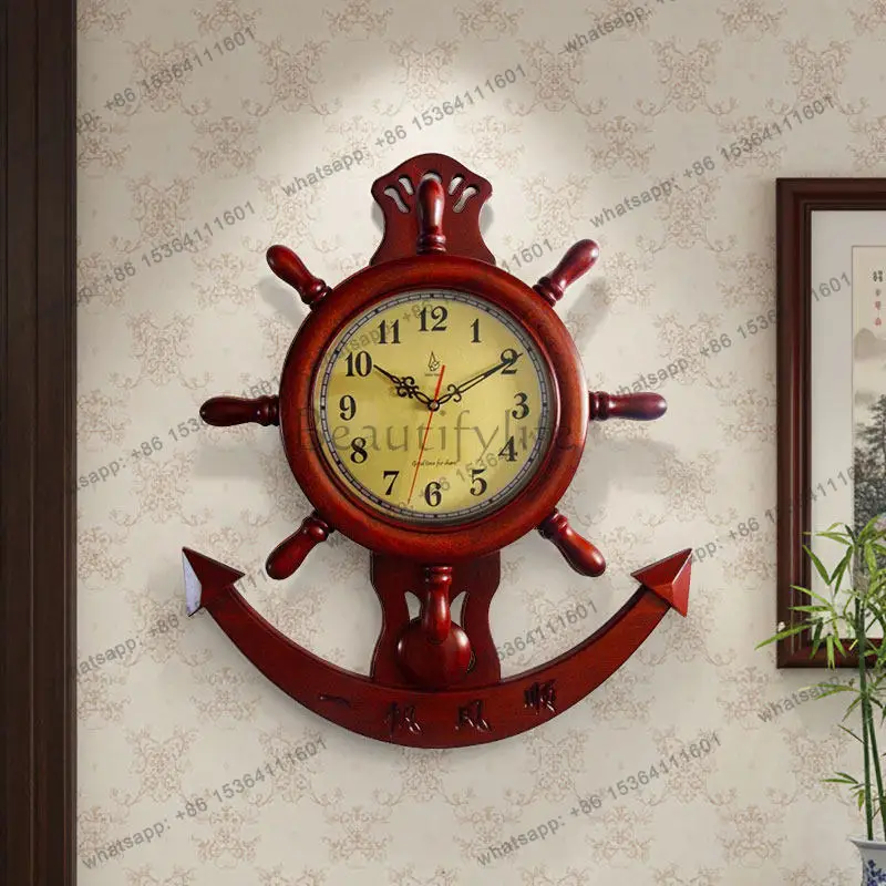 Solid wood quartz clock smooth sailing watch helmsman Chinese living room retro silent rudder 6708T