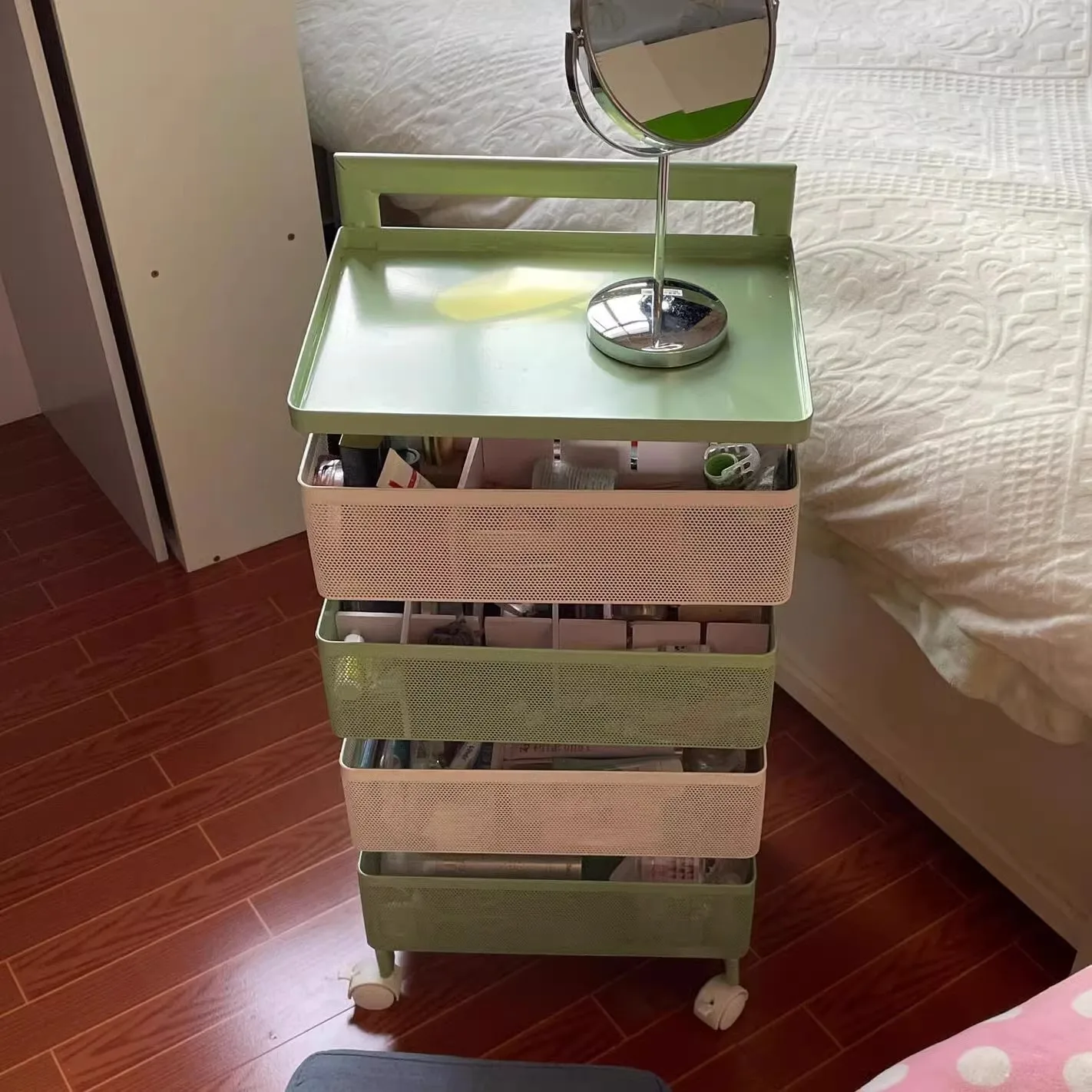 Storage trolley rack Rotary  Movable bedside cosmetic finishing