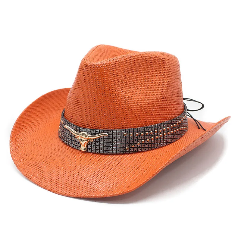 Retro Bull Head Decor Large Brim Straw Hat Hot Selling Straw Western Cowboy Hat Men and Women Vacation Beach Hat