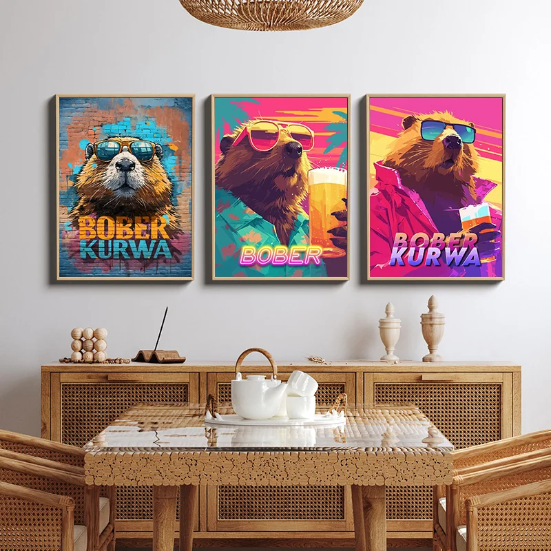 Retro Bober Kurwa 80s Meme Poster Prints Canvas Painting Funny Animals Beer Hawaii Pictures for Home Living Room Decor Cuadros