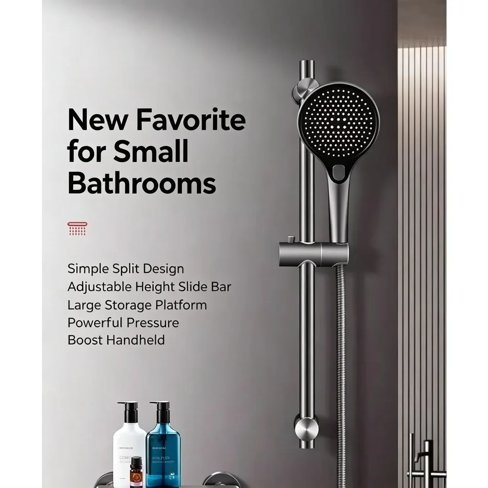 Gun‑Gray Simple Shower Set with Shelf, 3‑Mode Handheld Shower, Brass Mixer Valve & Stainless Steel Slide Bar