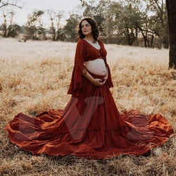 Bohemian Photo Shooting Pregnancy Dress 2 Pieces Gown V Neck Linen Cotton Large Hem Maternity Dresses For Photo Shoot