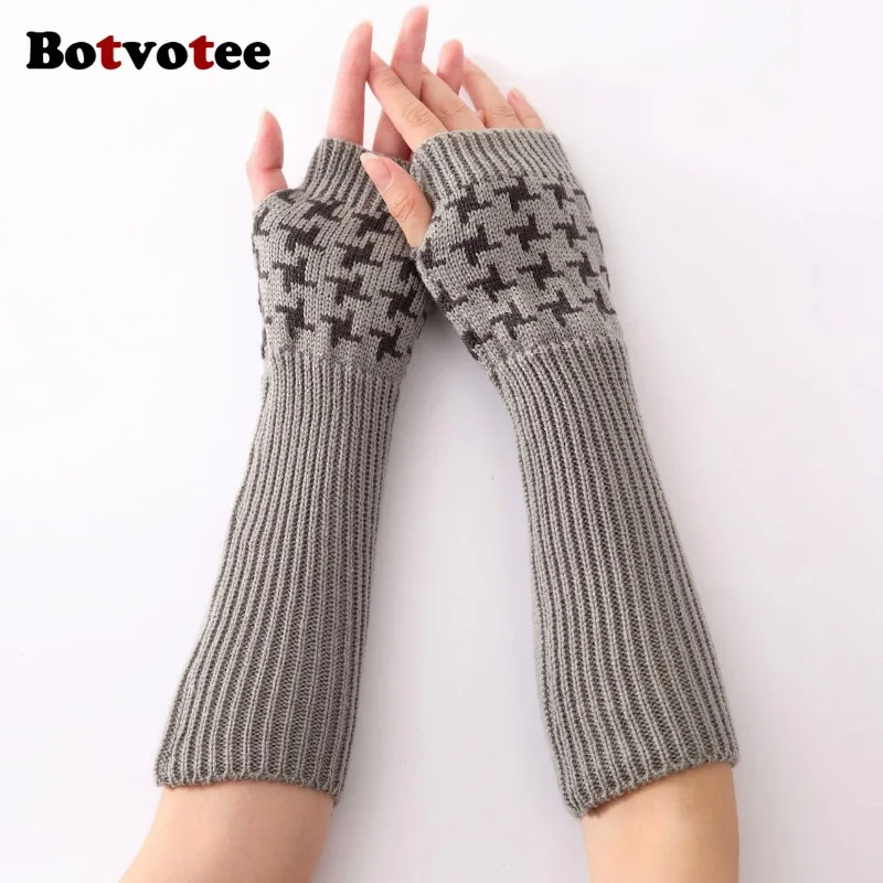 Botvotee الأكمام للنساء Y2k اكسسوارات أصابع قفازات مدفئات للذراع متماسكة شتاء دافئ houndstooth طويل الأيدي الحرة قفازات