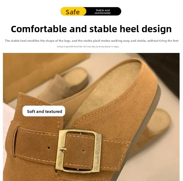 Damen-Wildleder-Pantoletten mit geschlossener Zehenpartie, verstellbare Schnalle, flache Clogs zum Überziehen, Retro-Freizeit-Outdoor-Schuhe ohne Rücken. – Detail 4