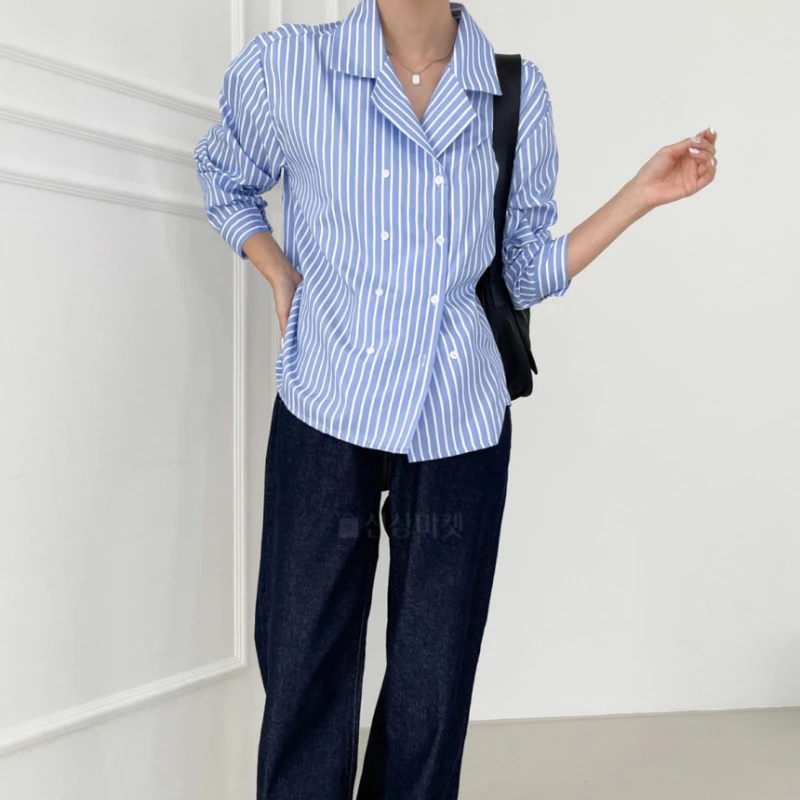 Seoulish-Blusas Vintage a rayas para mujer, camisas coreanas de manga larga con doble botonadura, chaqueta holgada con cuello, Top para mujer
