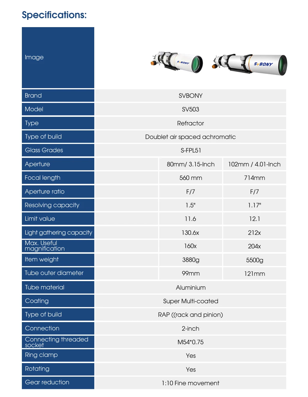 Svbony SV503 Astro Telescope 70/80/102ED Extra Low Dispersion Achromatic Refractor OTA For Exceptional Viewing Astrophotography