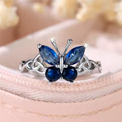 Luxury Female Blue Zircon Stone Butterfly Engagement Ring Silver Color Wedding Jewelry For Women