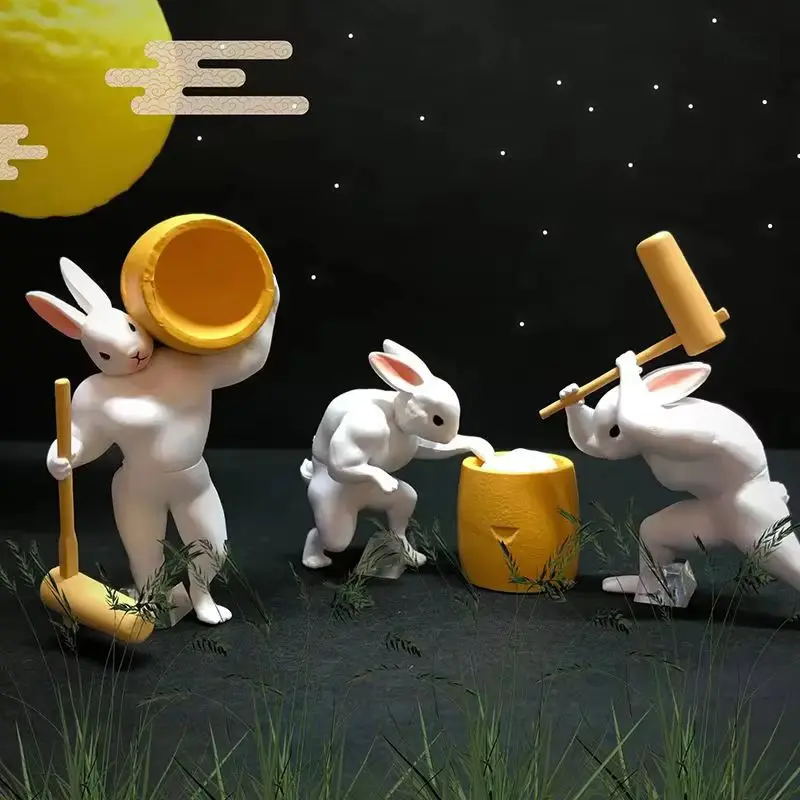 

Muscle Jade Rabbit Pounding Rice Cake Smaing Mooncakes Rabbit Blind Box Toy Collectible Action Figure Anime Themed Lovely