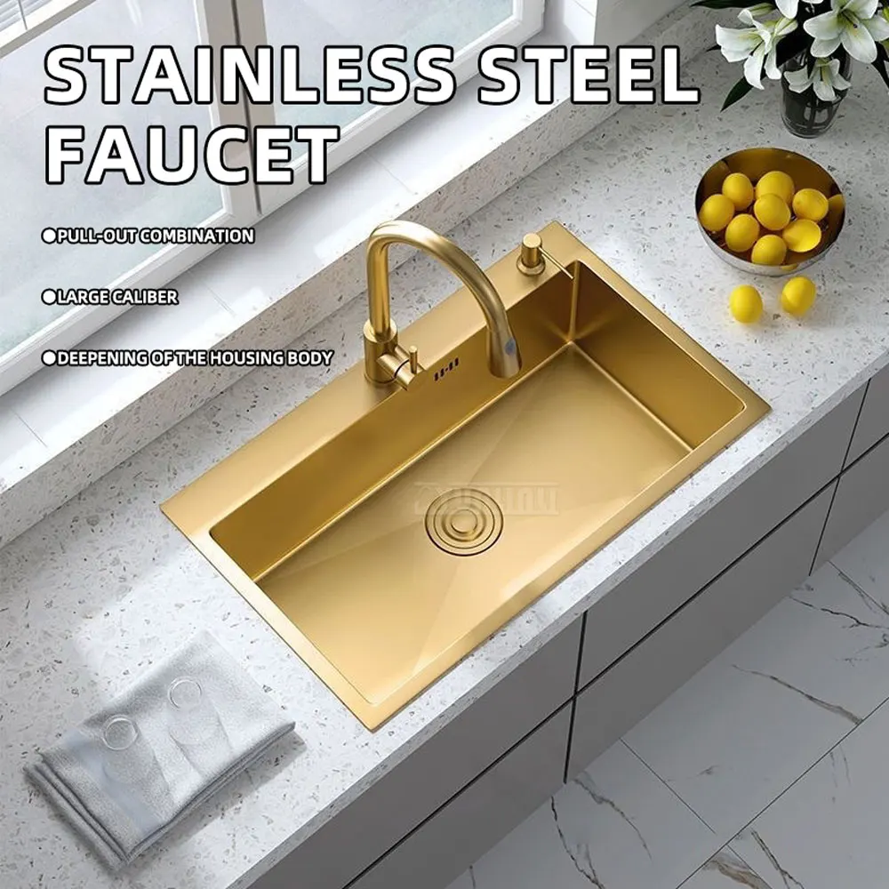 304 stainless steel kitchen sink, golden vegetable washing basin, undermount single bowl with thickened construction
