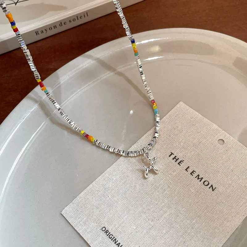 Necklace Beaded Balloon Dog Charm Multicolor Joyful Silver Plated Choker Chain Unique Vintage Jewelry for Women Daily