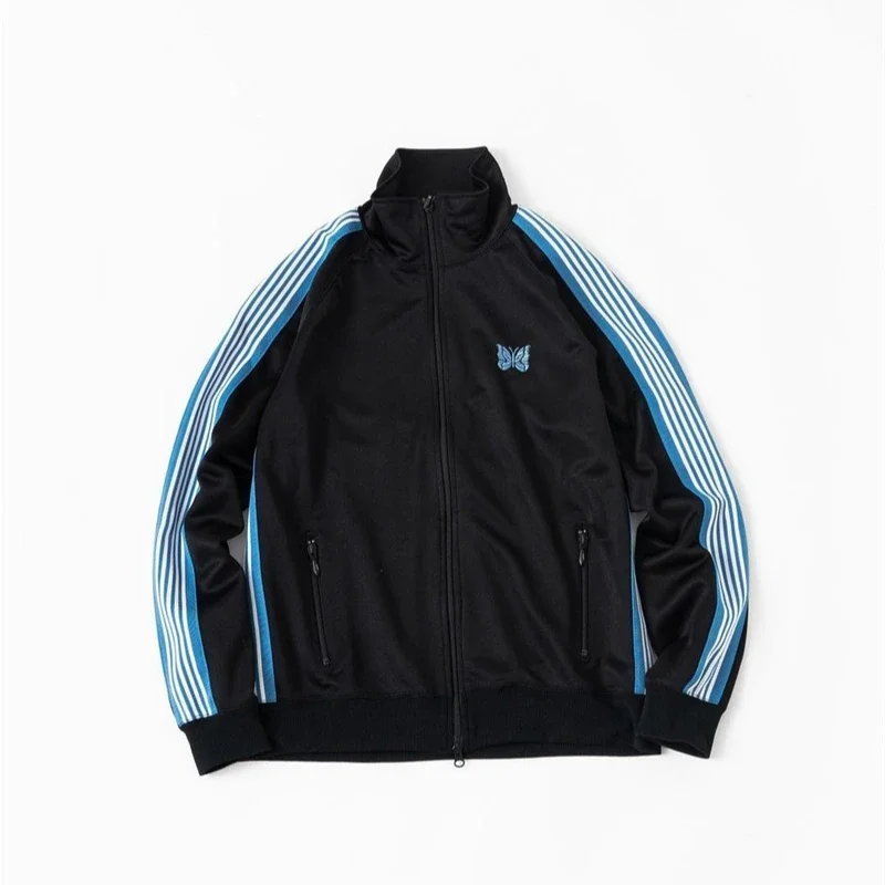 

2025ss Butterfly Embroidery Black Jackets Men Women 1:1 High Quality Blue Striped Autumn Oversized Jacket With Tags